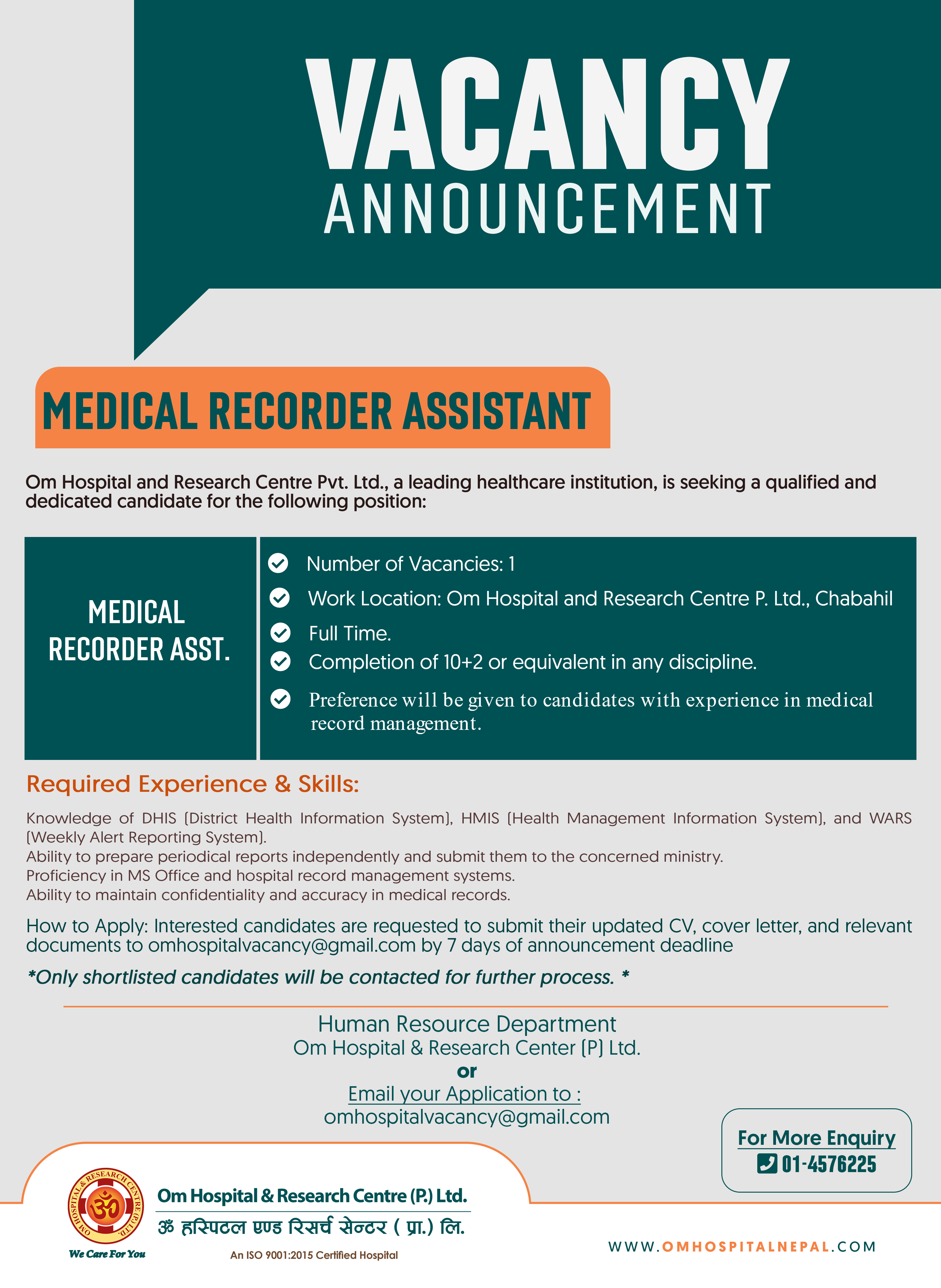Vacancy Announcement (Medical Recorder Assistant)